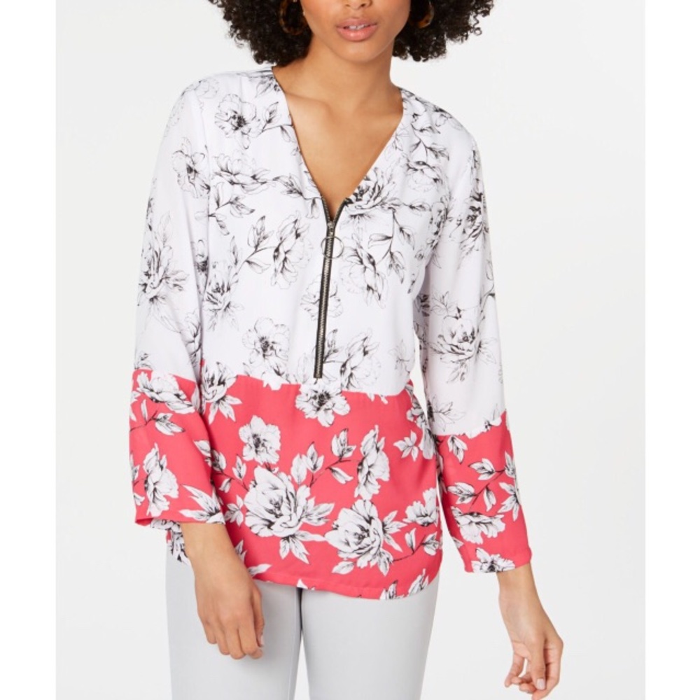 ALFANI Pink Chiffon Front Floral Colorblock Top